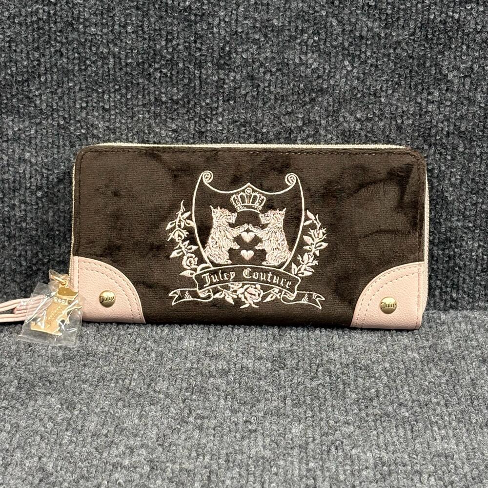 Juicy Couture Wallet Wristlet Womens One Size Pink Brown Velvet Crest Zip Around